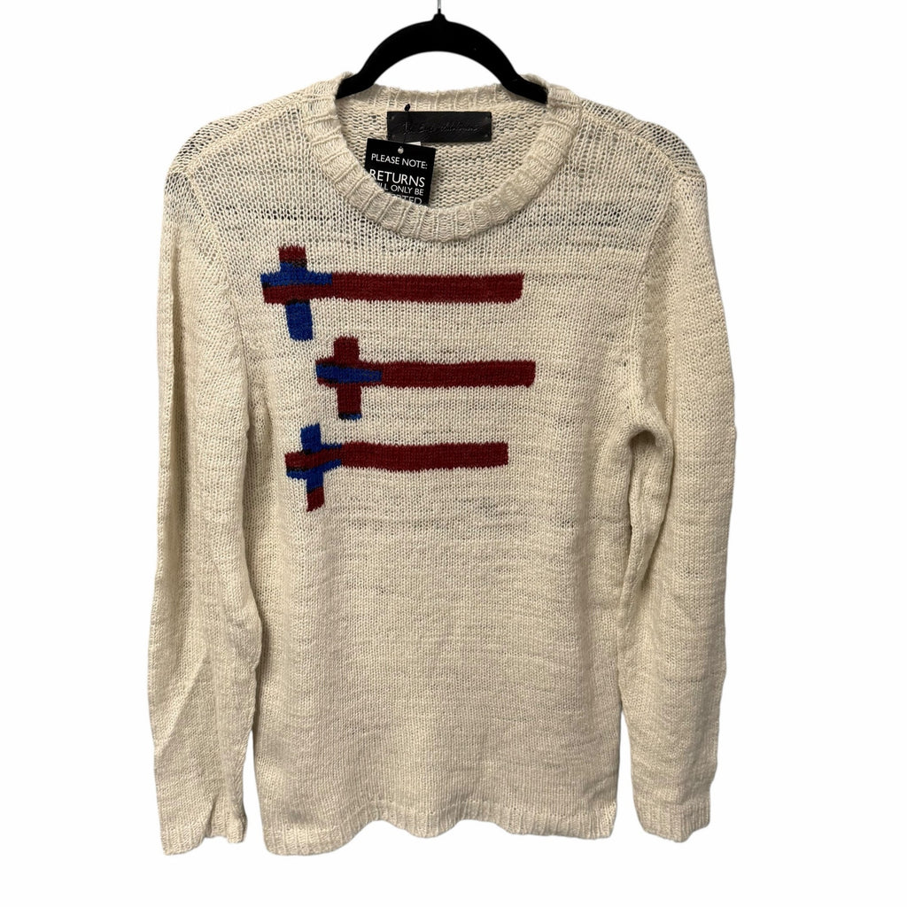 NWT The Elder Statesman Pure Cashmere Crewneck Sweater Cream Red Blue Small