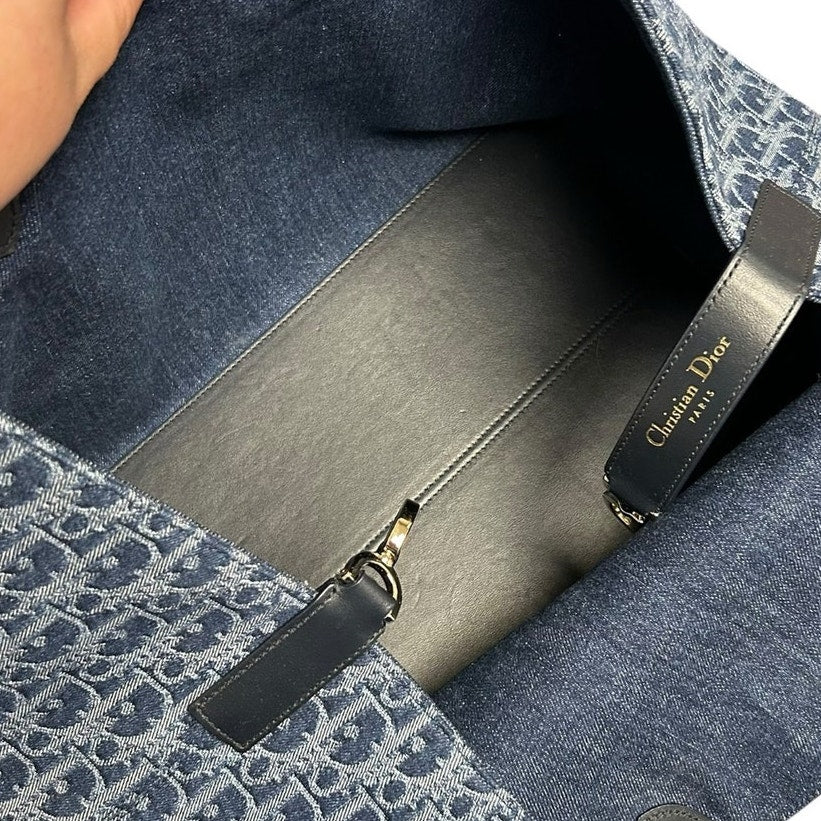 Christian Dior Toujours Blue Denim Oblique Jacquard Double Handle Tote Bag