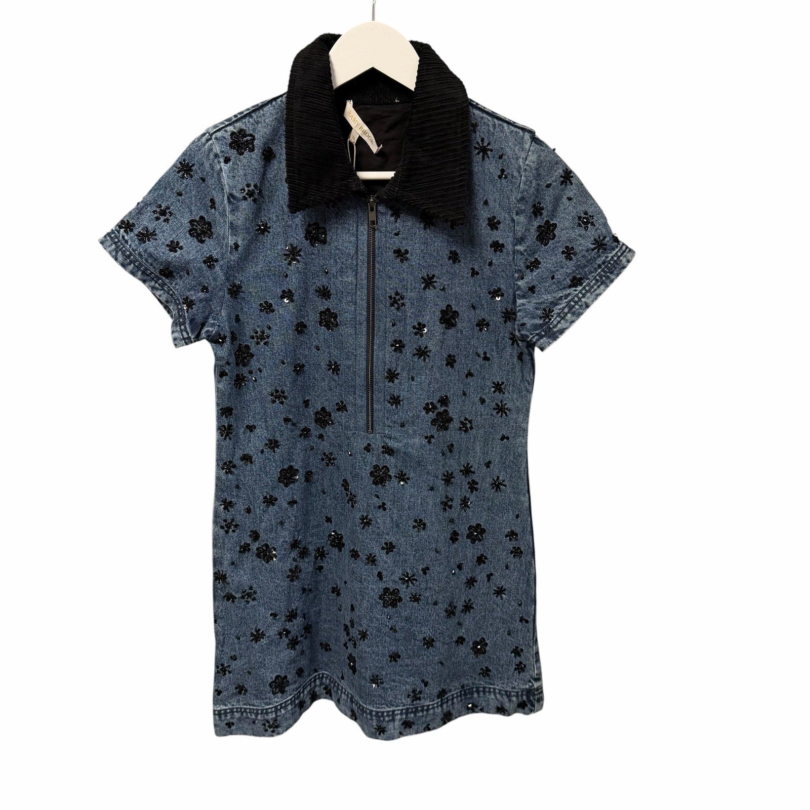 NWT Ramy Brook Rita Embellished Denim Mini Dress Blue Black Corduroy Collar XS
