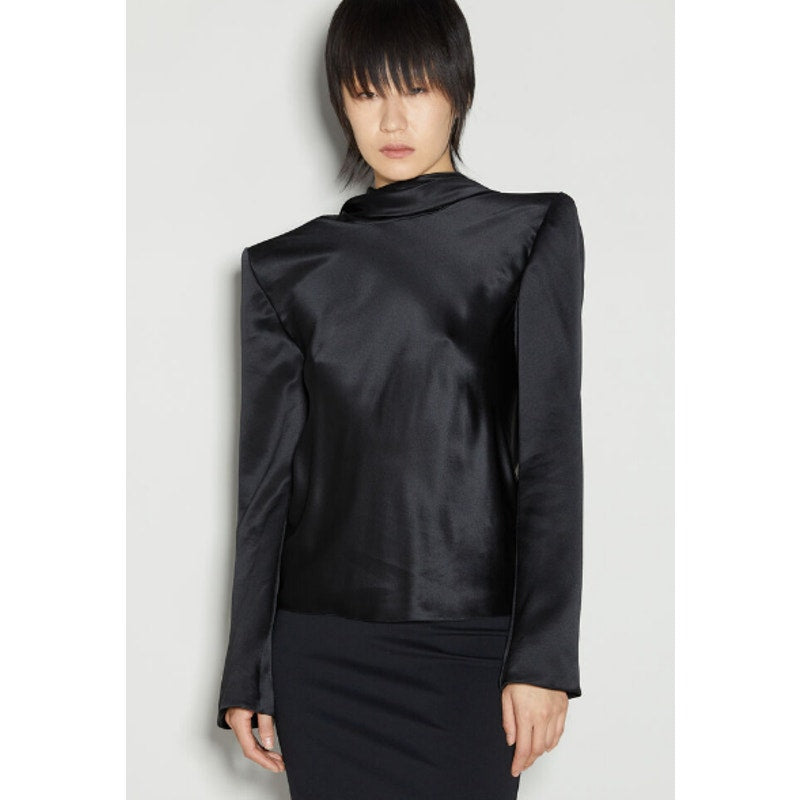 NWT Saint Laurent Black Long Sleeve High Neck Cowl Back Silk Blouse Womens US 4