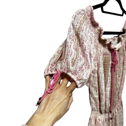 Alicia Bell Pink Ivory Short Puff Sleeve Smocked Cotton Mini Dress Womens Small