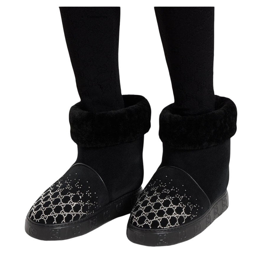 Gucci GG Crystal Motif Black Suede Short Boot Merino Wool Lined Size 39 / US 9