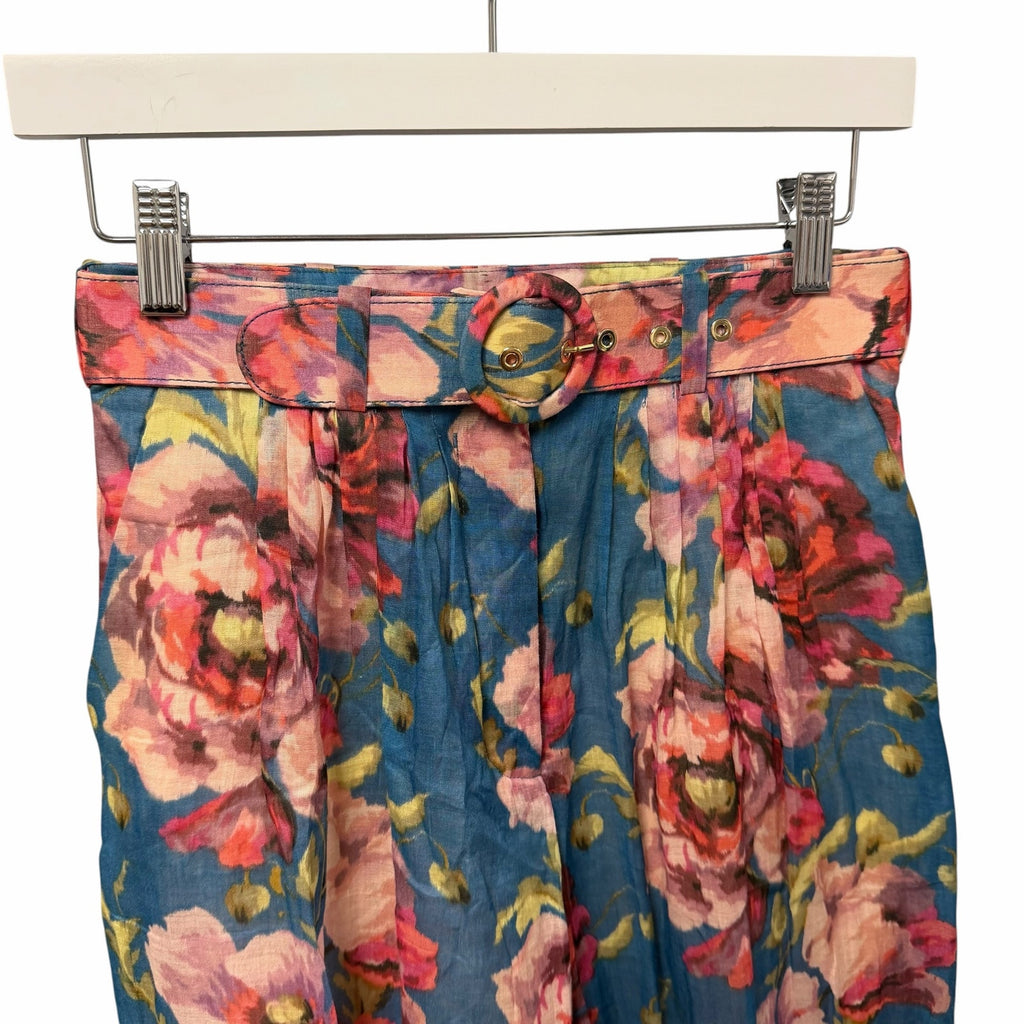 Zimmermann Floral High Rise Wide Leg Ramie Pants Belted Teal Pink AU 0 / US 4