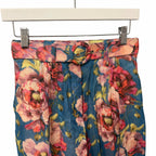 Zimmermann Floral High Rise Wide Leg Ramie Pants Belted Teal Pink AU 0 / US 4