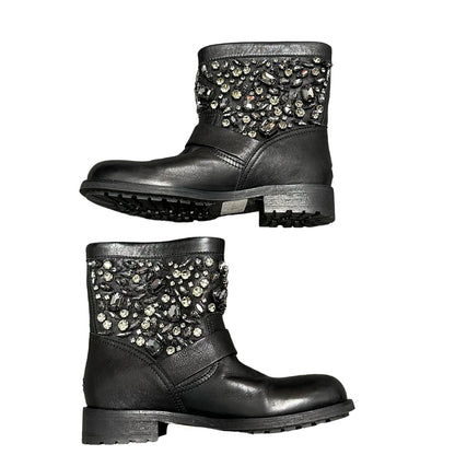 NEW Jimmy Choo Black Leather Youth Biker Boots Gunmetal Crystals 37 / US 7