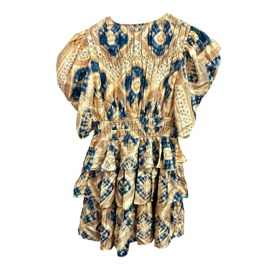Ulla Johnson Fossil Peach Blue Zita Mixed Print Silk Tiered Ruffle Mini Dress 4