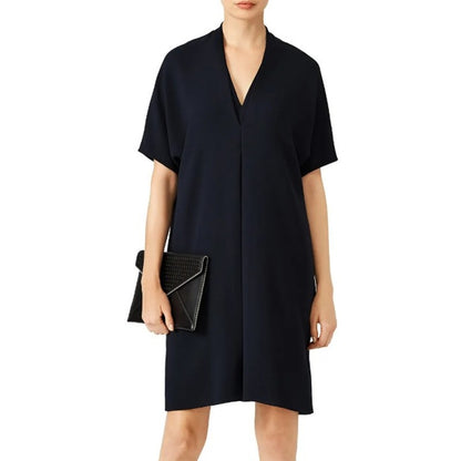 NWT Vince Coastal Crepe Elbow Sleeve Double V Dress Black Womens Small