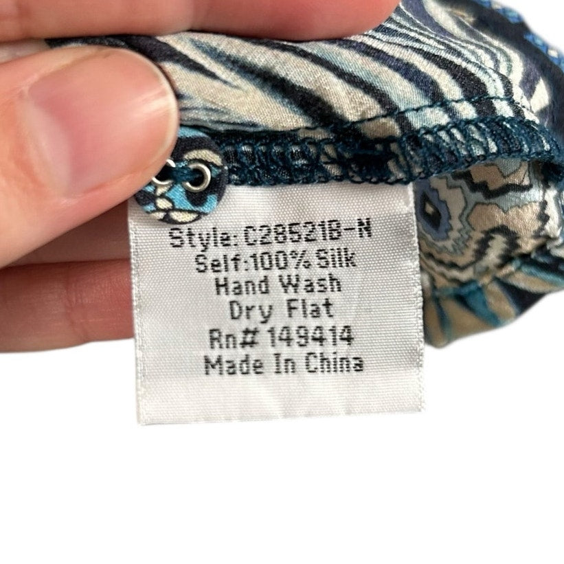 Johnny Was Blue Cream Carly Jessa 100% Silk Printed Tunic Top Womens Size Large