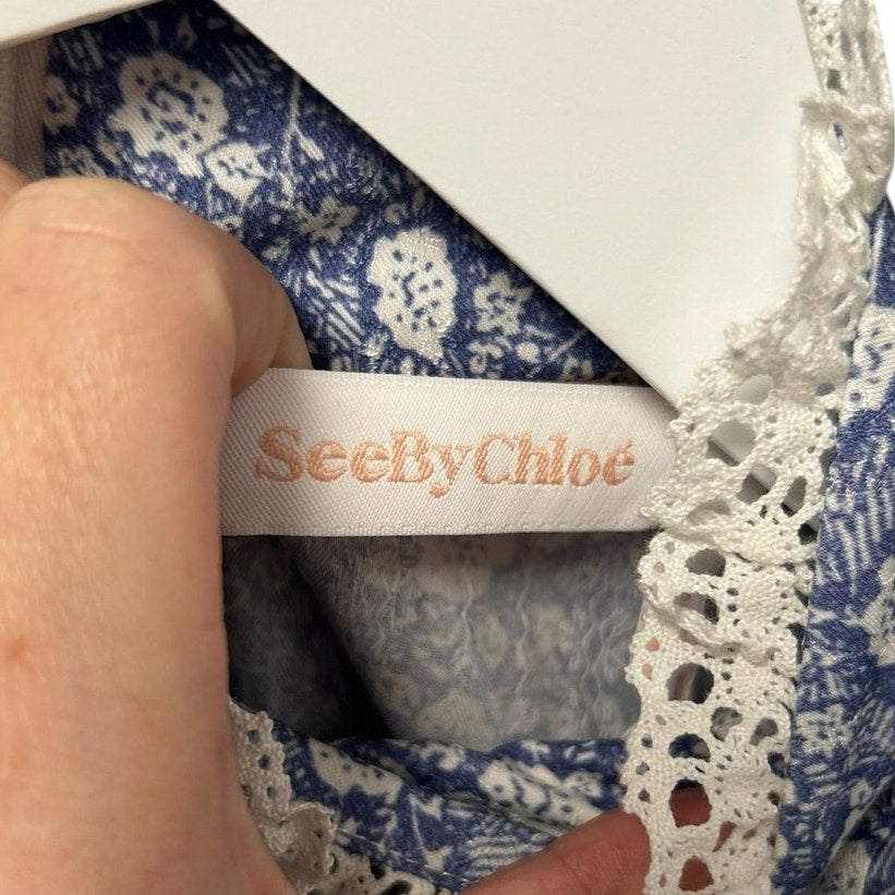 NWT See By Chloe Blue White Floral Print High Neck Blouse Womens 36 US 4 Modest