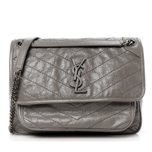 Yves Saint Laurent Fog Grey Crinkled Calfskin Monogram Niki Chain Satchel