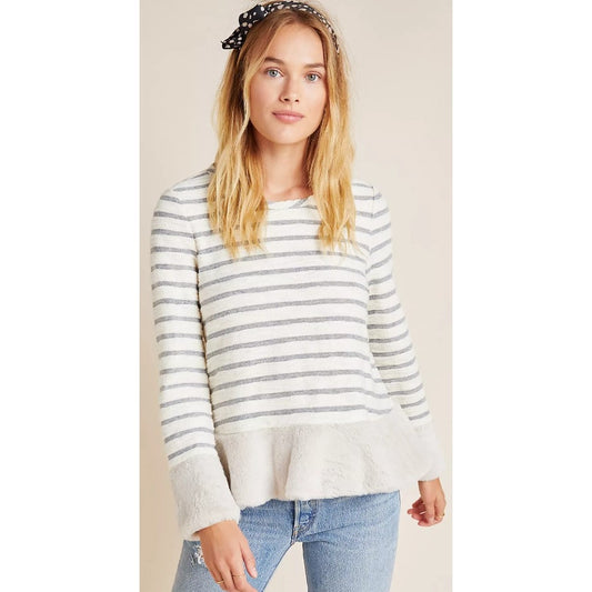 Maeve by Anthropologie Astor Faux Fur Trimmed Pullover Cream Gray Striped XS