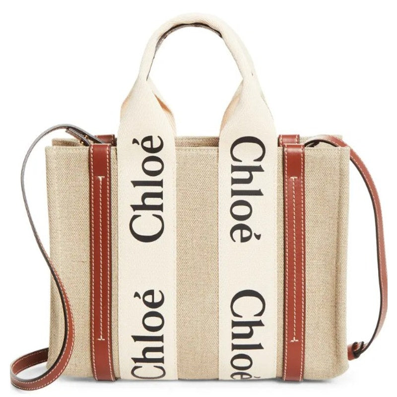 NWT Chloe Woody Small Logo Tote Canvas Linen Leather Shouler Strap White Brown
