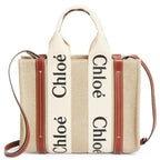 NWT Chloe Woody Small Logo Tote Canvas Linen Leather Shouler Strap White Brown