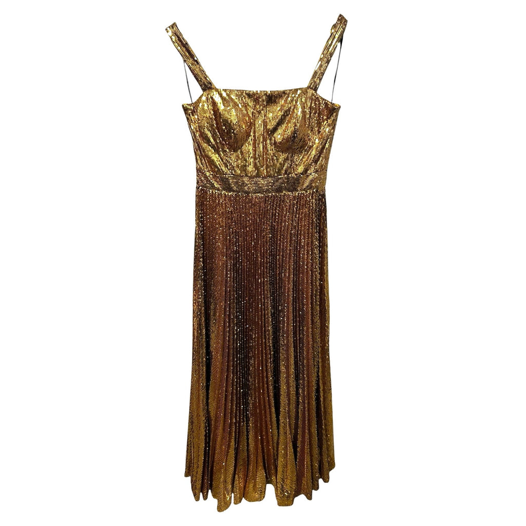 NWT SemSem Pleated Gold Sequin Embellished Sleeveless Tulle Gown Womens 4