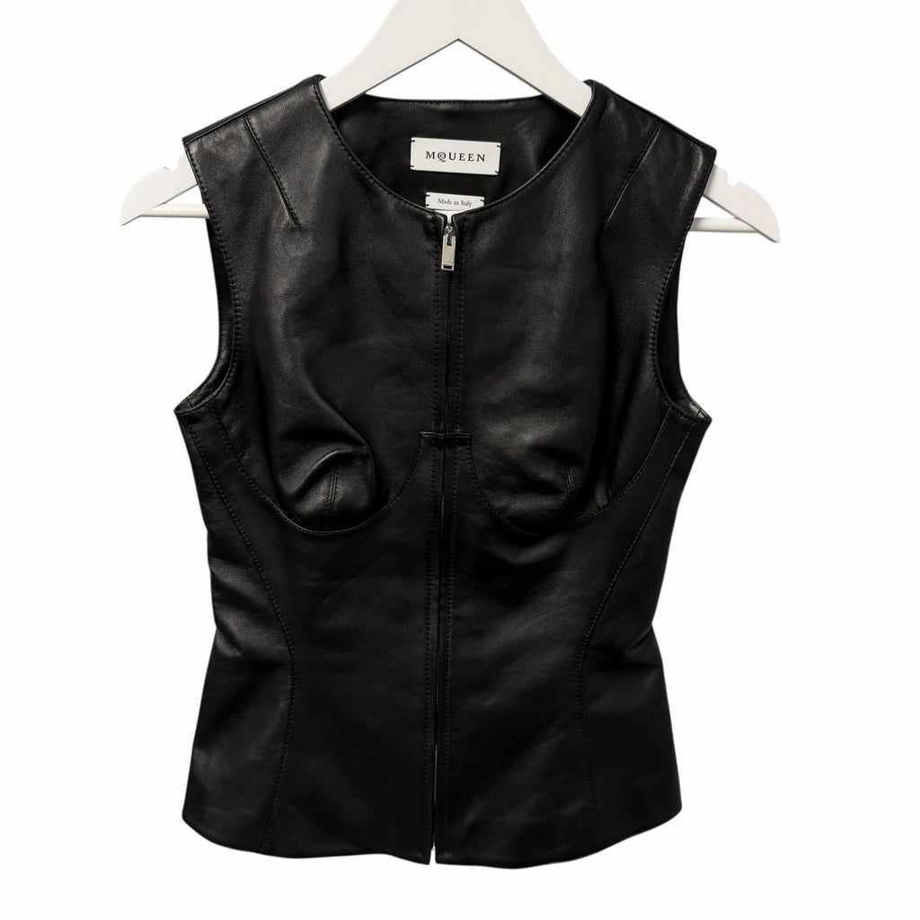 Alexander McQueen Seamed Leather Sleeveless Zip Up Vest Black Womens 36 / US 0