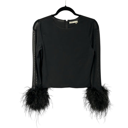 Alice + Olivia Black Delaina Feather Trim Cuff Mesh Long Sleeve Top Womens XL