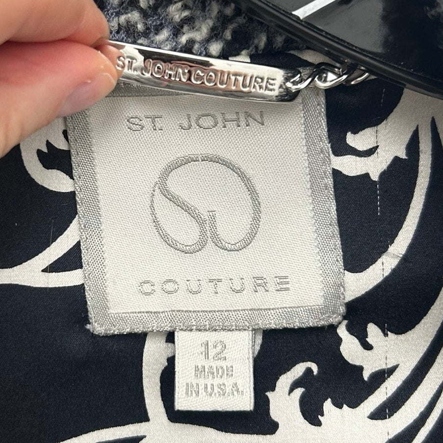 St. John Couture Grey White Black Belted Textured Long Coat Womens 12