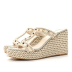Valentino Garavani Rockstud Torchon Espadrille Caged Wedge Sandals Ivory US 9