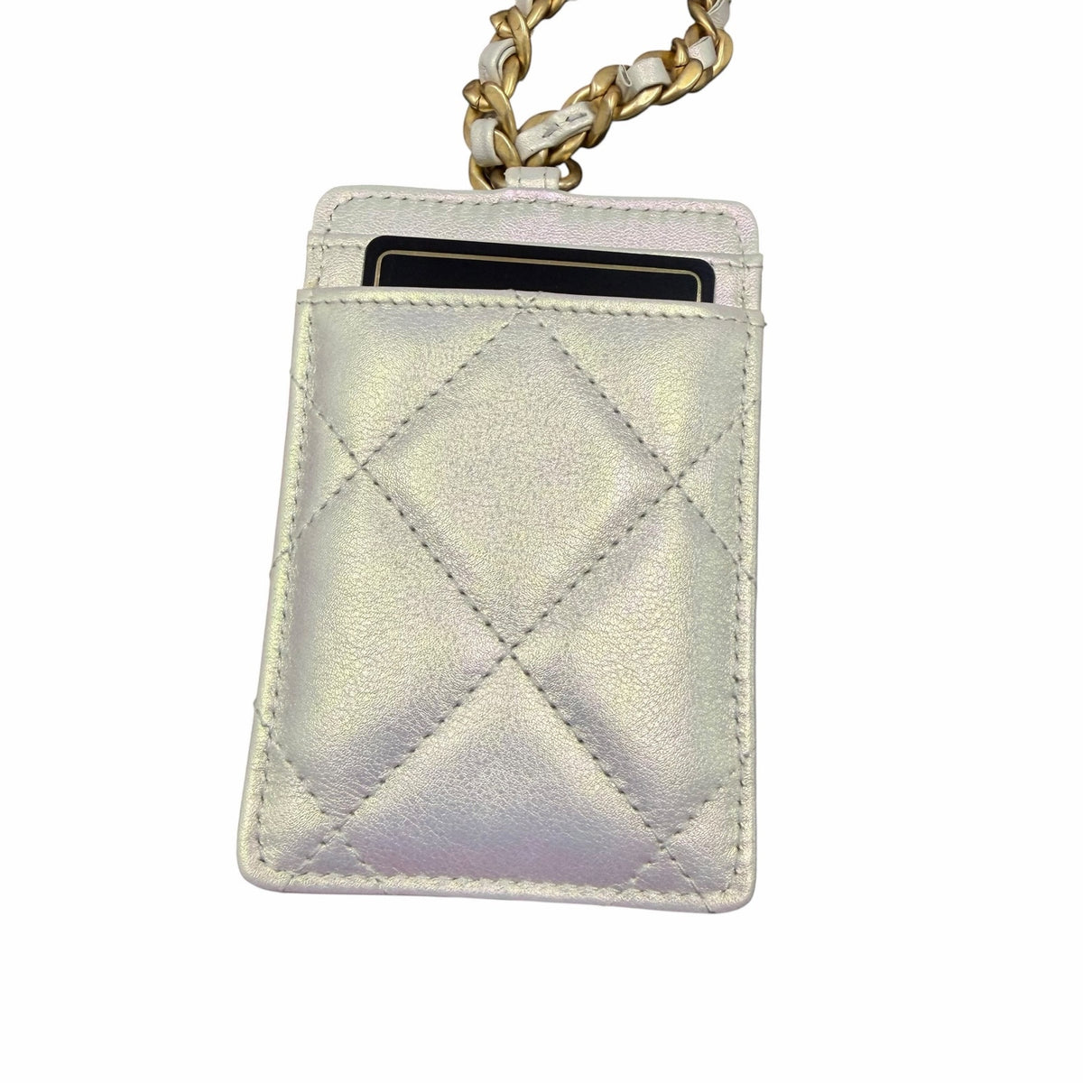 Chanel Quilted Iridescent Calfskin Card Holder On Chain White Luxury Designer