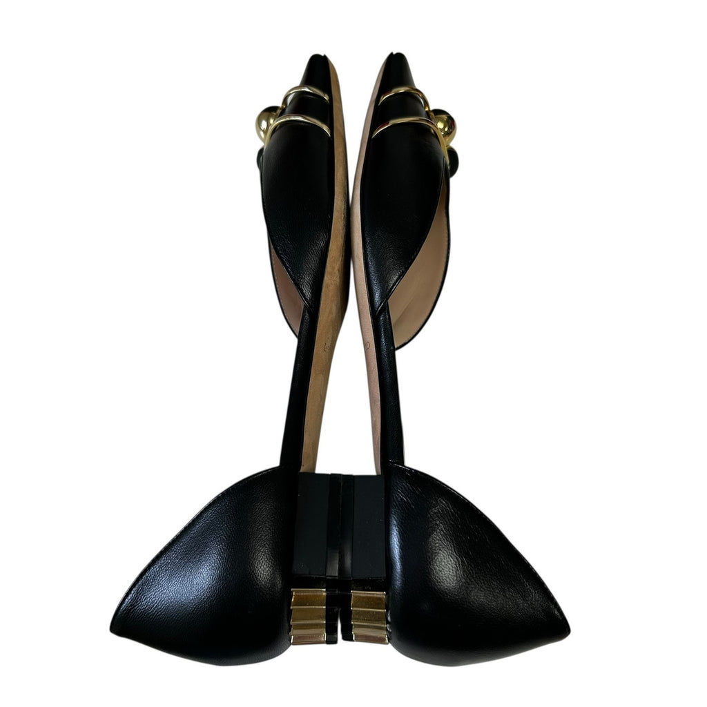 Giorgio Armani Black Leather Gold Hardware Square Toe Flats Womens 37.5 / US 7.5