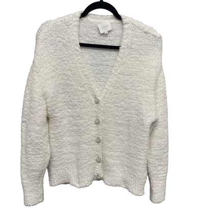 Sundays V Neck Pearl Embellished Button Front Cardigan Sweater White Medium