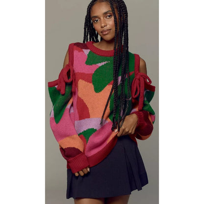 Farm Rio x Anthropologie Cold Shoulder Crew Sweater Multicolor Knit Womens Small