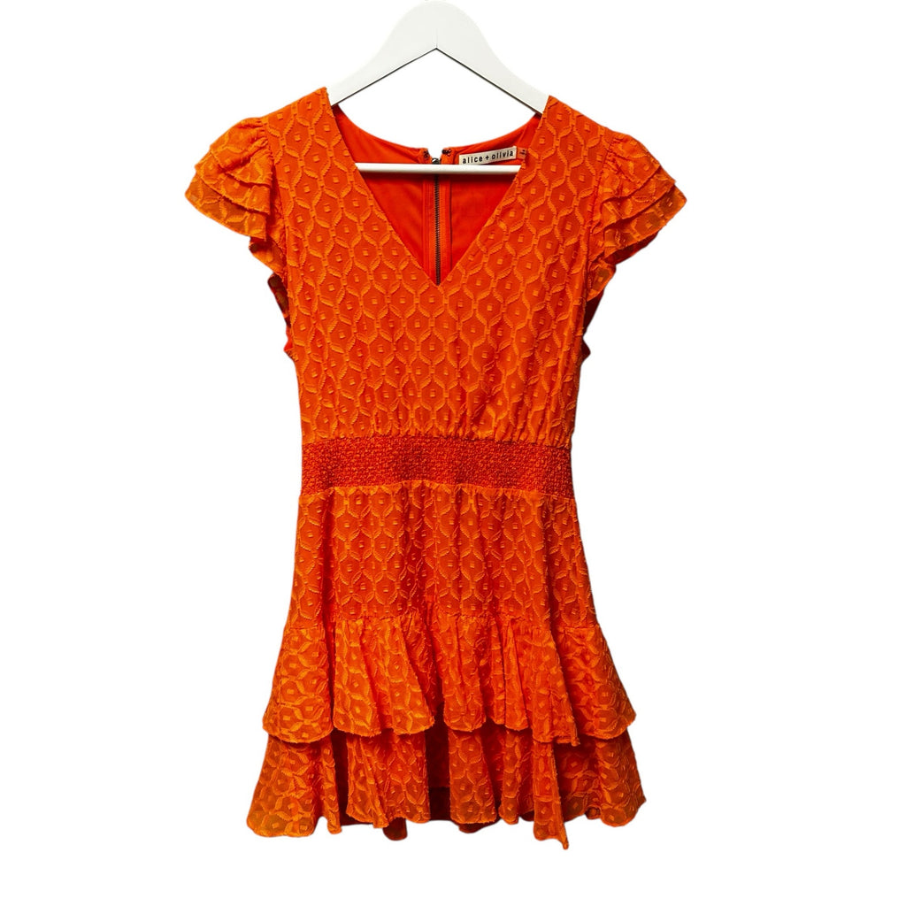 Alice + Olivia Orange Ruffle Short Sleeve Markita Ruffled Tiered Dress Womens 2