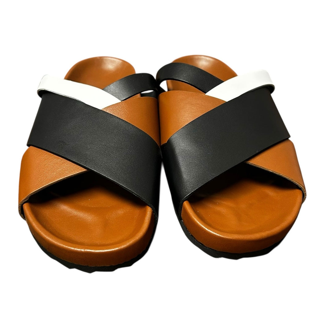 Pierre Hardy Calf Camel Black White Alpha Cross Flat Sandal Womens 39 / US 9
