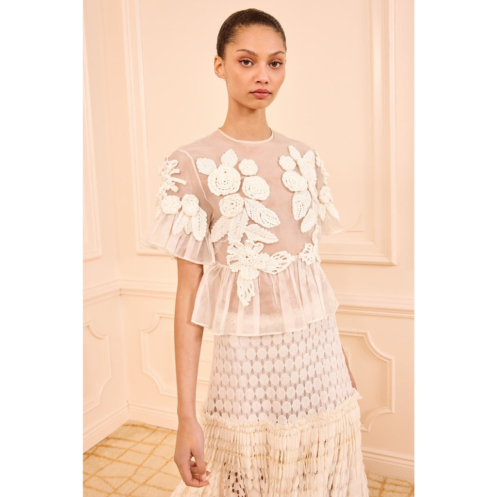NWT Ulla Johnson Handmade Pearled Ivory Crochet Aliya Organza Blouse Womens 2