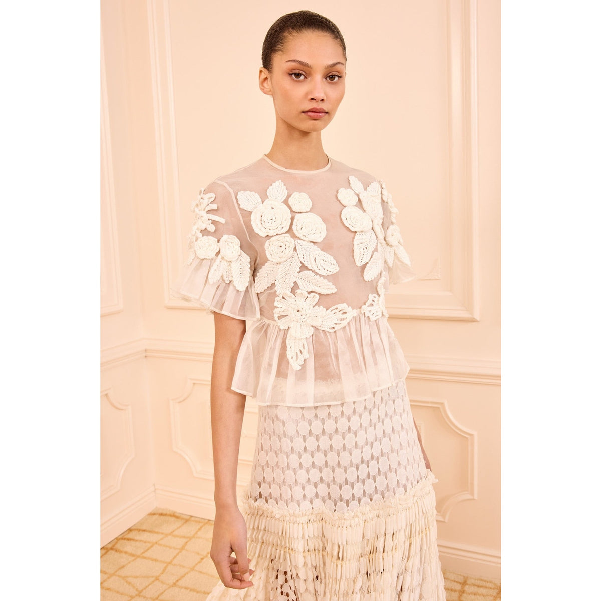NWT Ulla Johnson Handmade Pearled Ivory Crochet Aliya Organza Blouse Womens 2