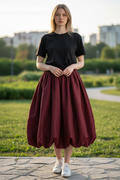NWT STAUD Burgundy Mariposa Recycled Nylon Midi Bubble Skirt Womens Medium