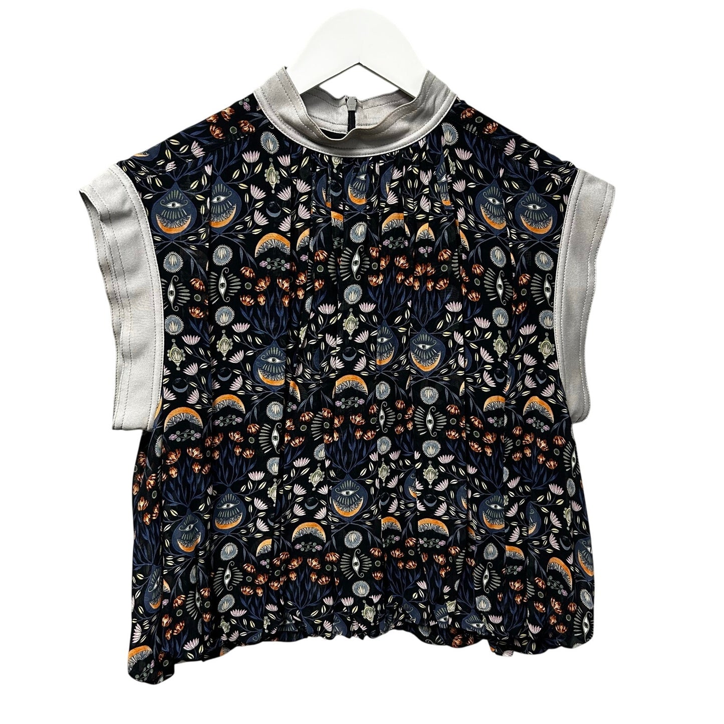 Chloe Blue Orange Evil Eye Lotus Print Pleated Bubble Top Womens 36 / US 4