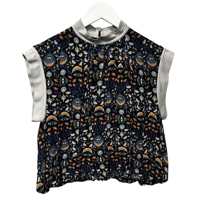 Chloe Blue Orange Evil Eye Lotus Print Pleated Bubble Top Womens 36 / US 4