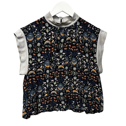 Chloe Blue Orange Evil Eye Lotus Print Pleated Bubble Top Womens 36 / US 4