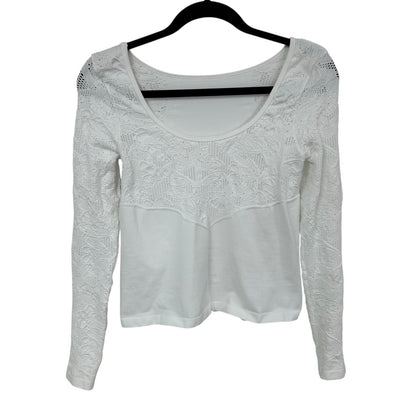by Anthropologie White Floral Seamless Long Sleeve Boat Neck Top  Womens Small