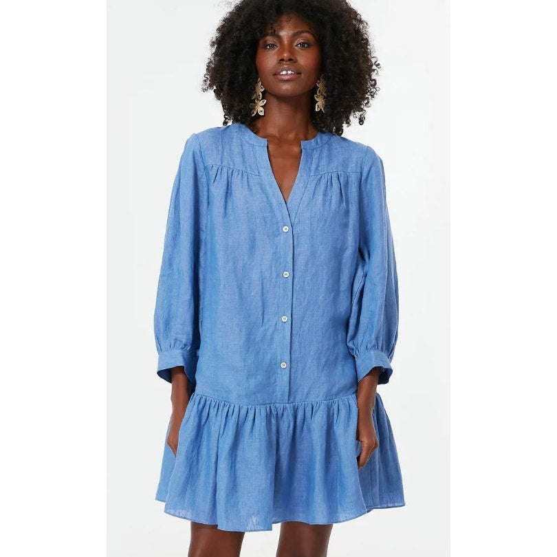 Pomander Place Lake Blue Linen Blend Split Neck Frankie Dress Womens Small