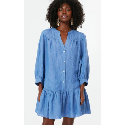 Pomander Place Lake Blue Linen Blend Split Neck Frankie Dress Womens Small