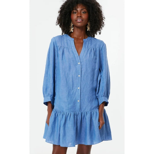 Pomander Place Lake Blue Linen Blend Split Neck Frankie Dress Womens Small