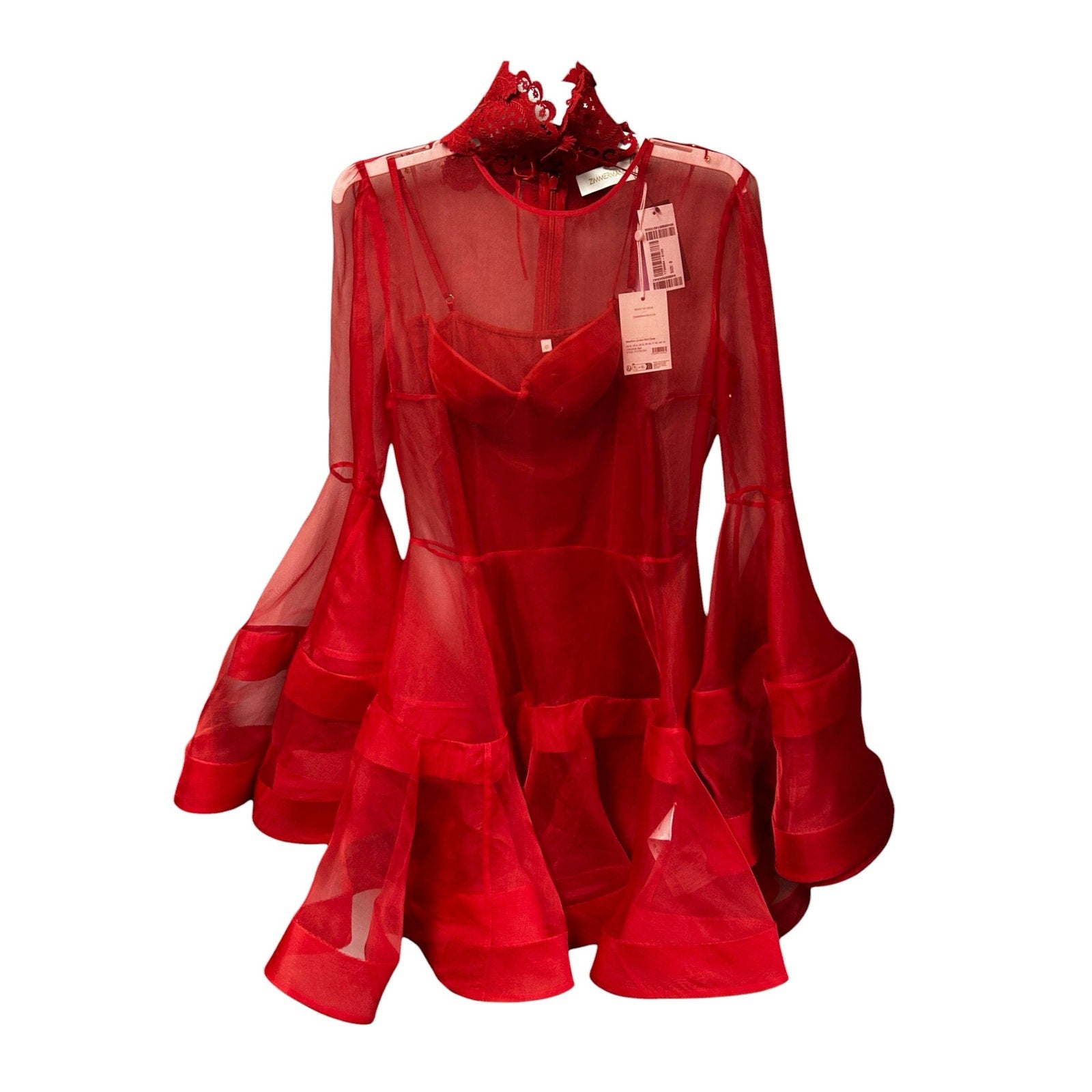 NWT Zimmermann Red Rebellion Lantern Silk Organza Mini Dress Womens US 4