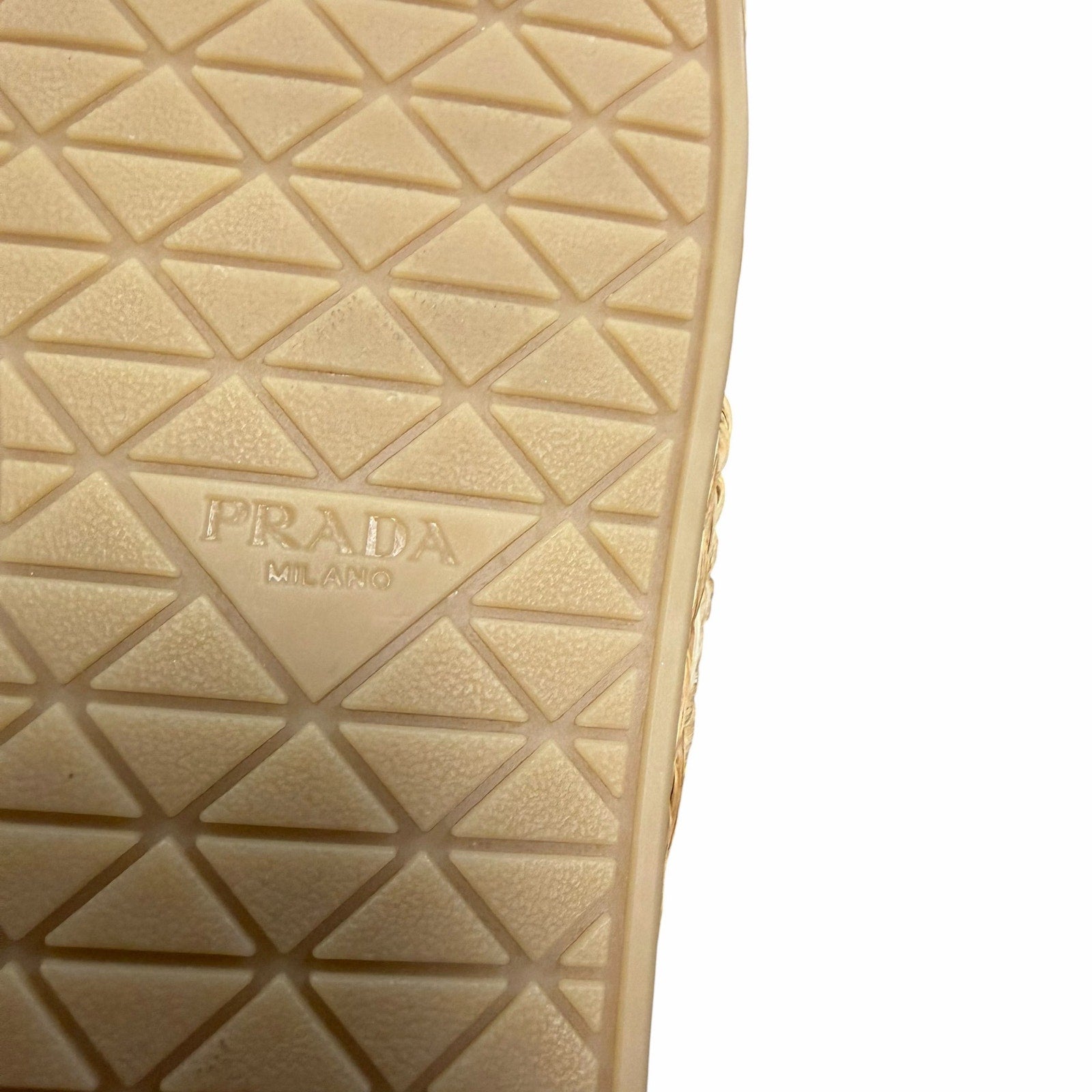 Prada Raffia Criss Cross Slide Sandal Neutral Logo Emblem Size 39 / US 9 Luxury