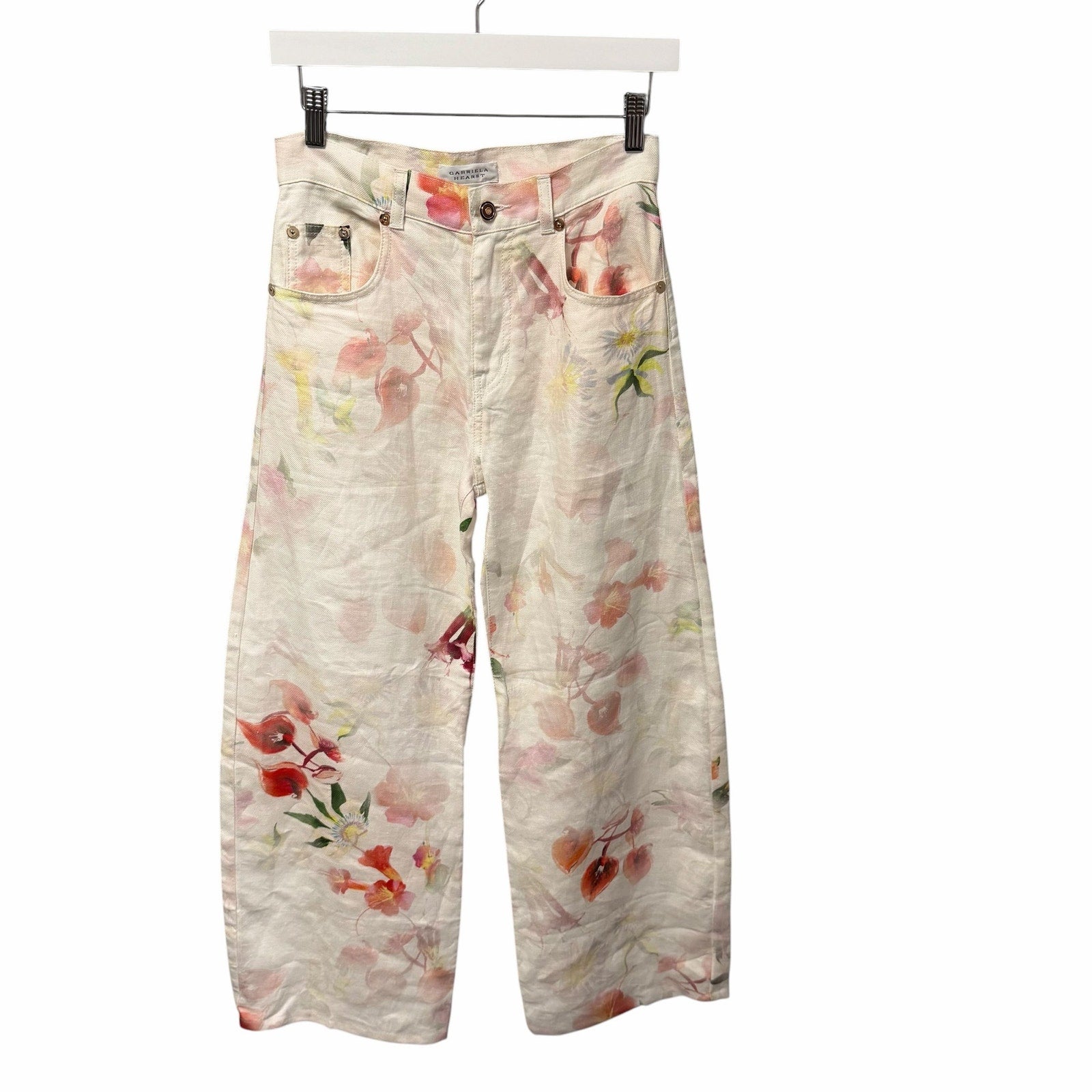 Gabriela Hearst Amoret Printed Linen Barrel-Leg Jeans Multi White Floral Size 24