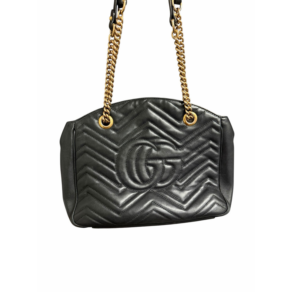 Gucci GG Marmont Black Quilted Leather Handbag Gold Toned Logo Classic Luxury
