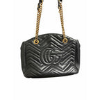 Gucci GG Marmont Black Quilted Leather Handbag Gold Toned Logo Classic Luxury