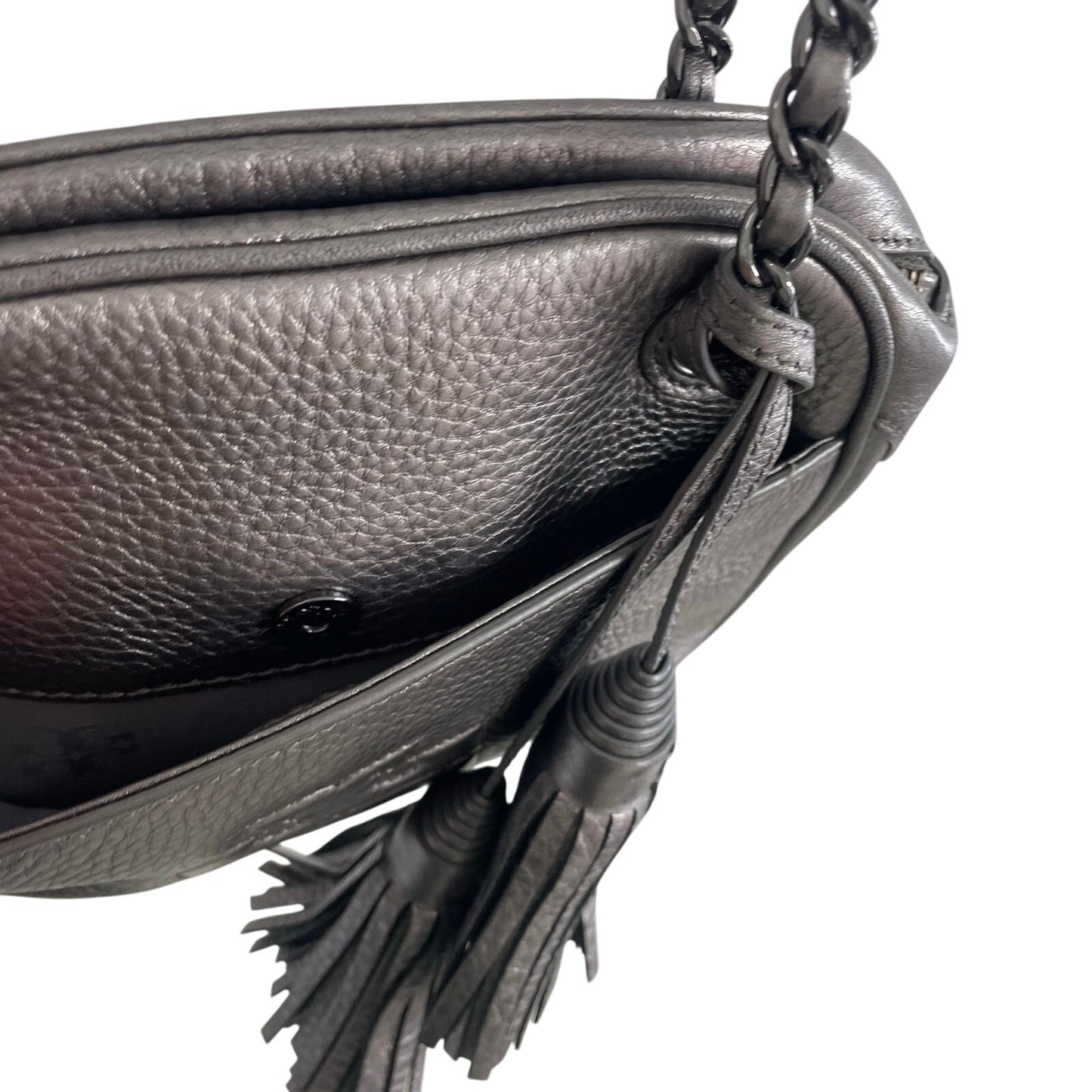 Tory Burch Thea Chain Convertible Crossbody Handbag Gunmetal Metallic Leather