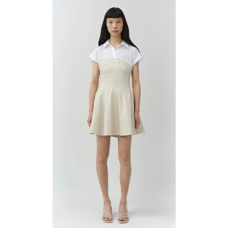 NWT Simkhai Sand Tan White Sundae Linen Blend Flare Mini Dress Womens 2