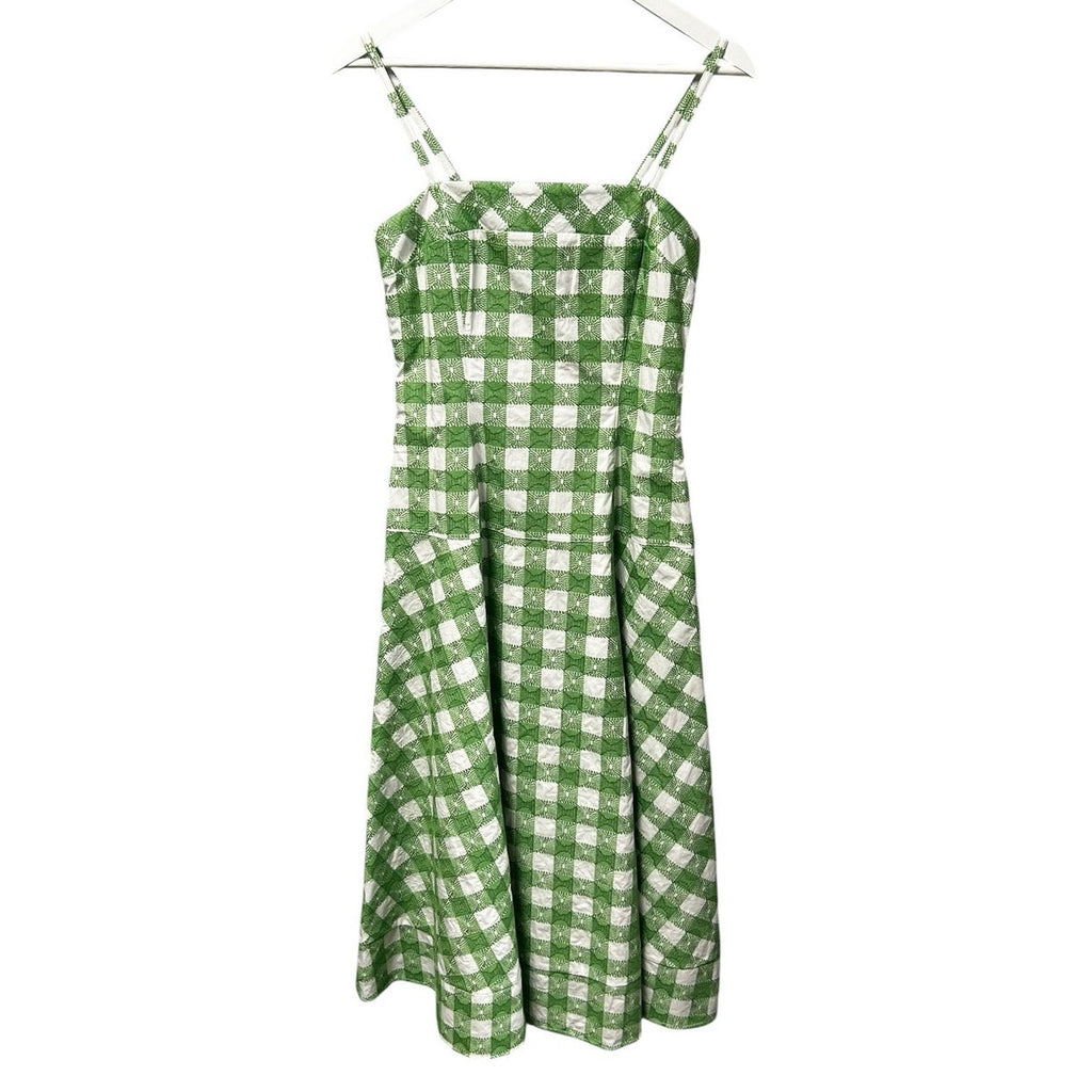 NWT Rosie Assoulin Green Picnic Embroiderd Gingham Drop Me a Note Dress Womens 2