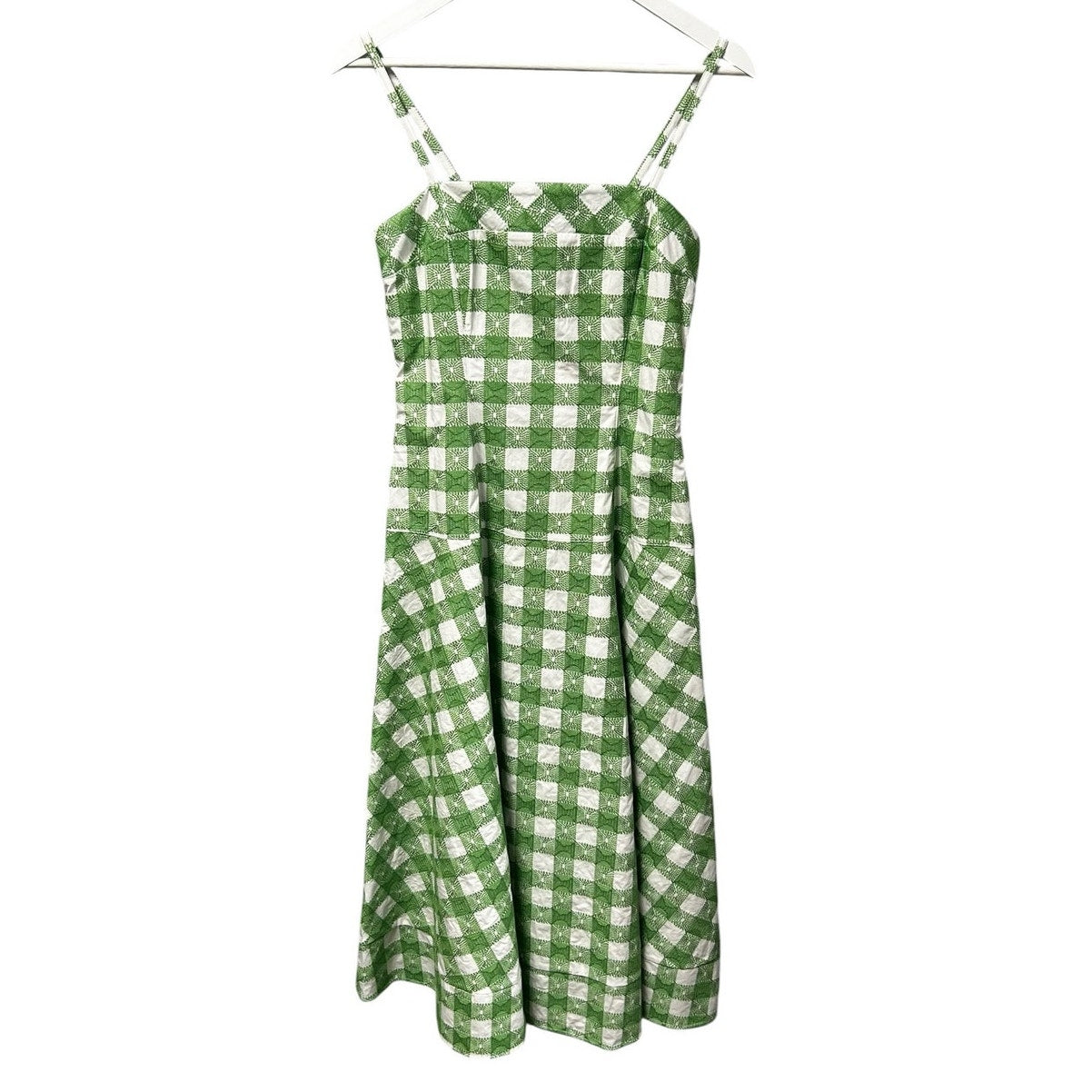 NWT Rosie Assoulin Green Picnic Embroiderd Gingham Drop Me a Note Dress Womens 2
