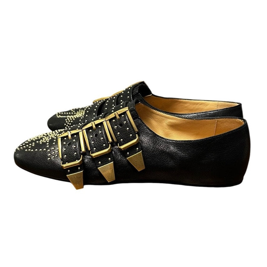 Chloe Susan Black Gold Studded Buckled Round Toe Leather Flats Womens 39 / US 9