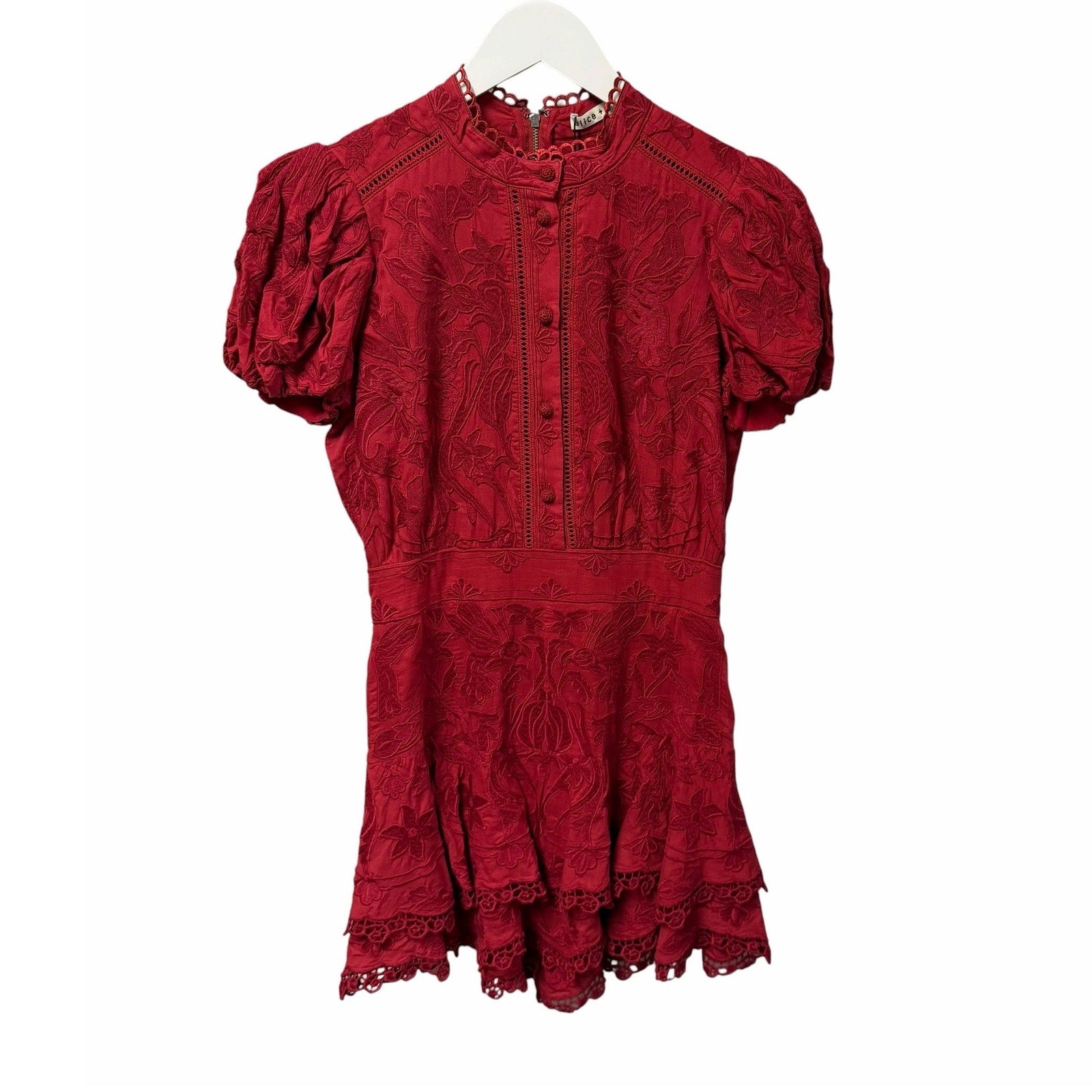 NWT Alice + Olivia Loryn Embroidered Short Sleeve Mini Dress Dark Cherry Size 4