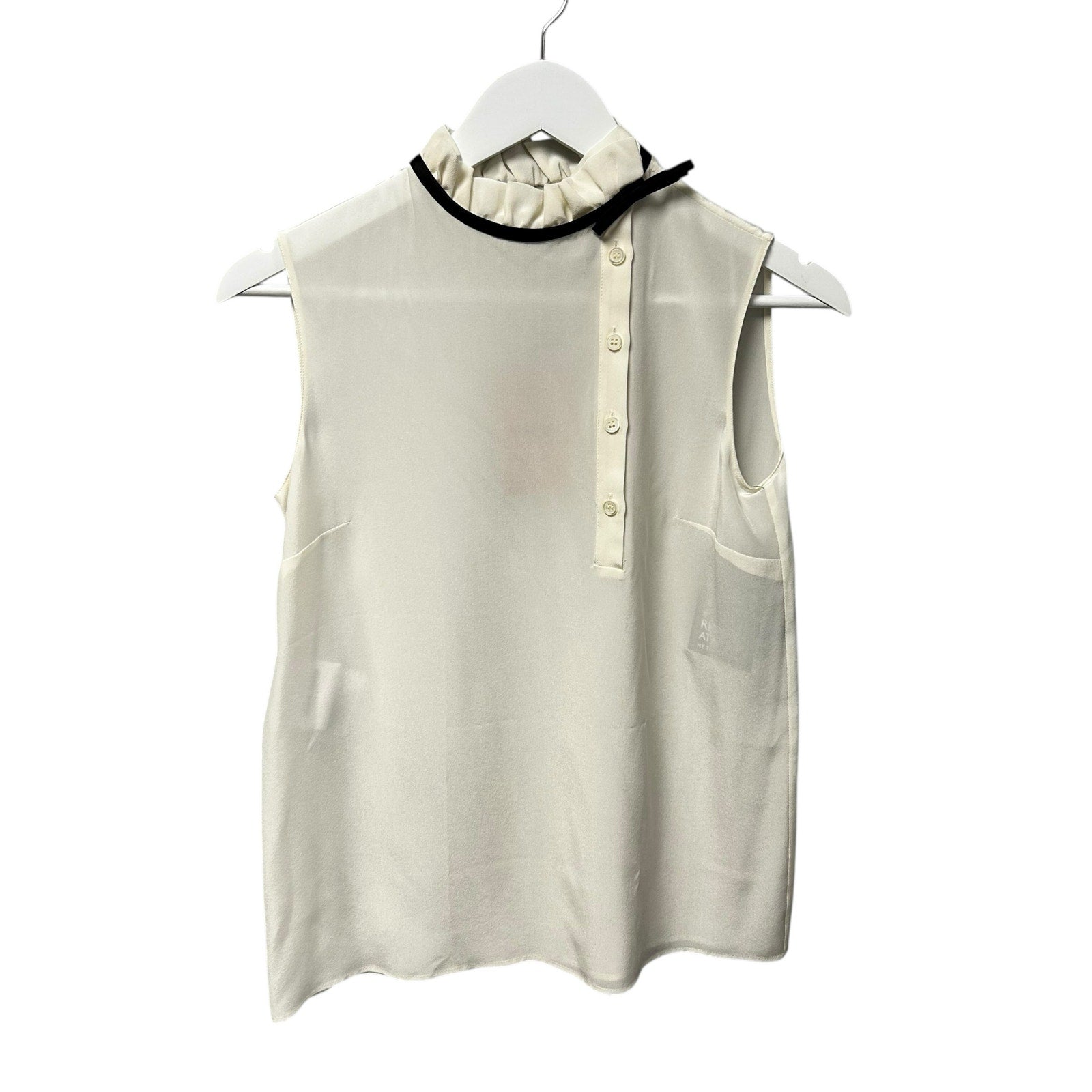 NWT Miu Miu Pure Silk Camicia Blouse Talco Black Trim Bow Accent Size 36 / US 0
